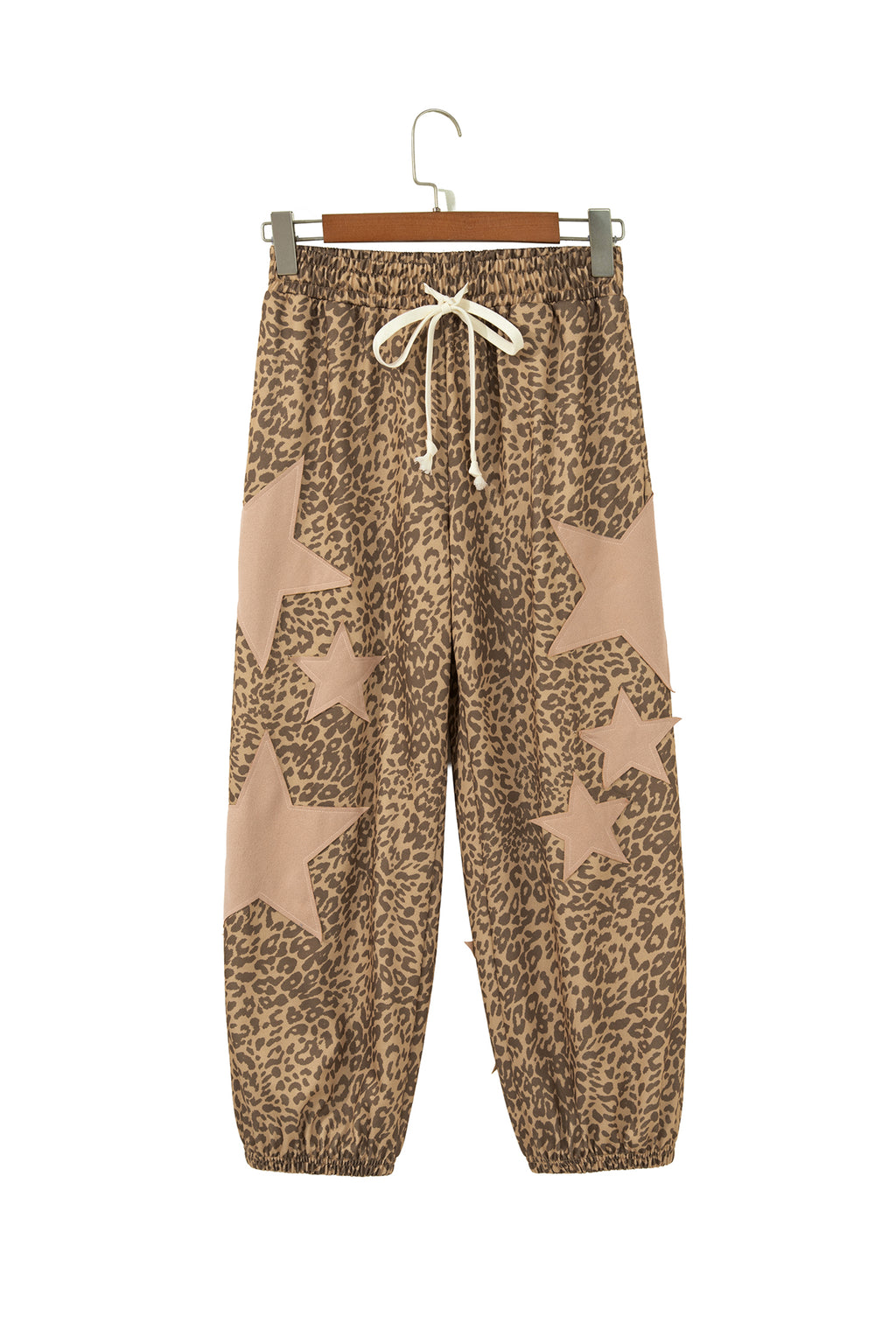 Khaki Leopard Print Star Patched Drawstring Elastic Waist Jogger Pants