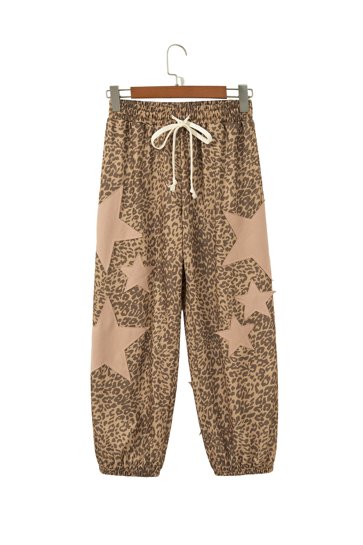 Khaki Leopard Print Star Patched Drawstring Elastic Waist Jogger Pants