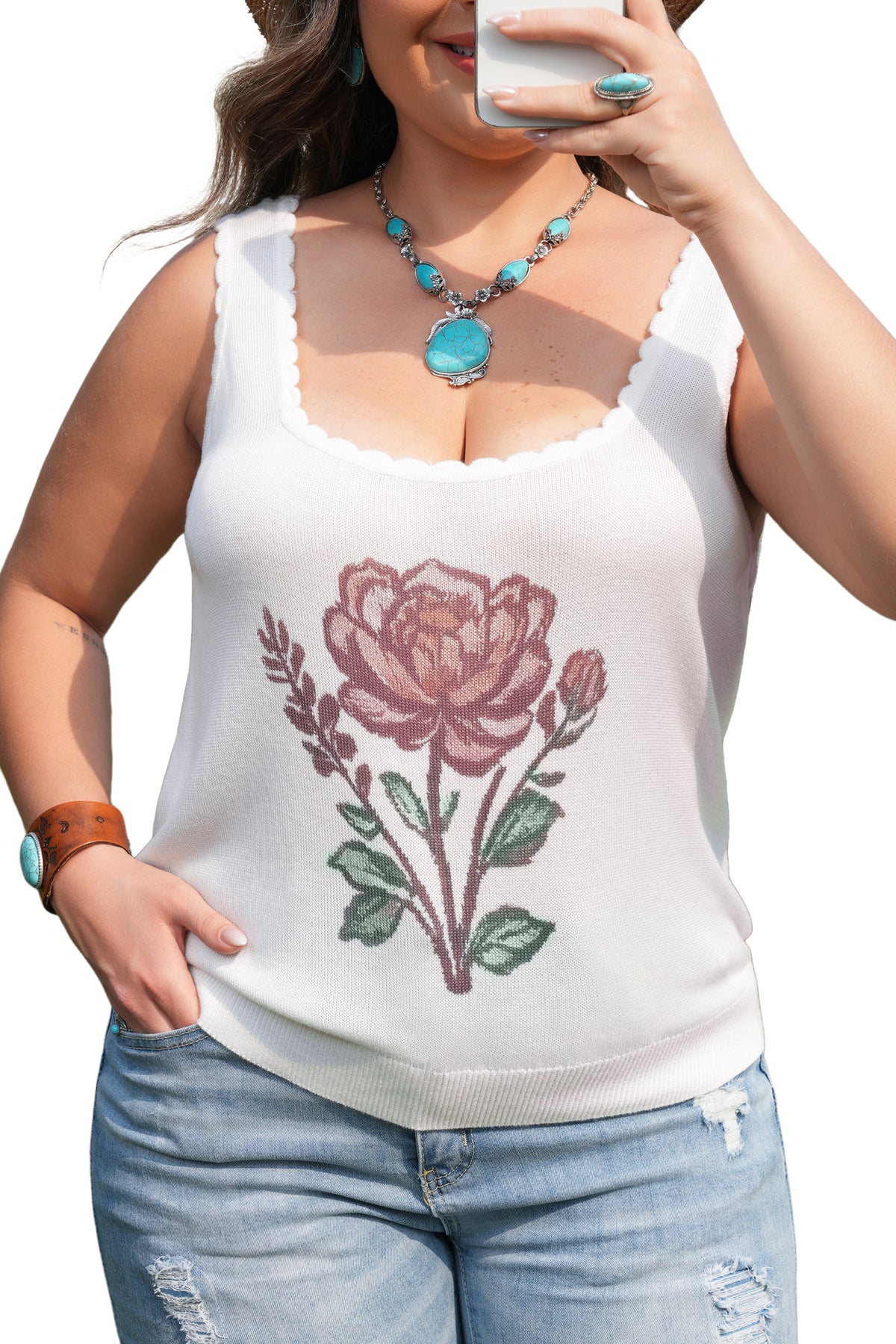 White Plus Size Floral Print Scalloped Trim Square Neck Sweater Vest