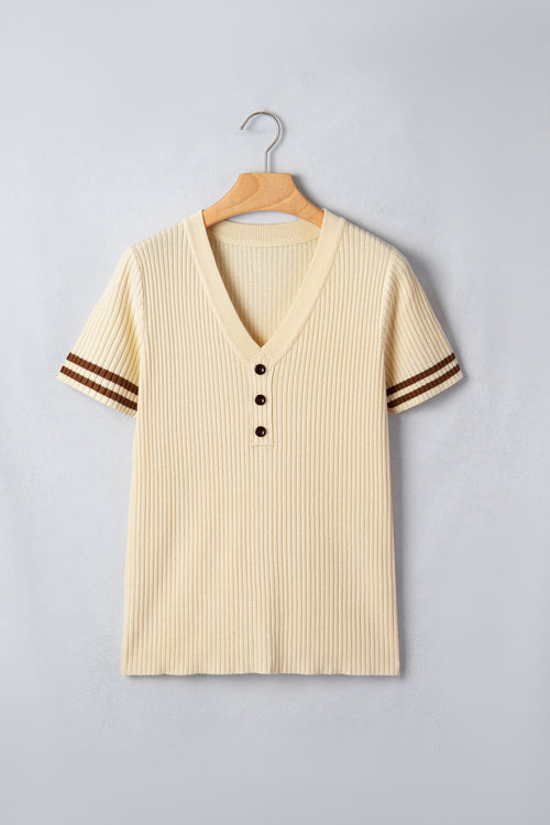 Apricot V Neck Ribbed Knit Striped Trim Short Sleeve Sweater