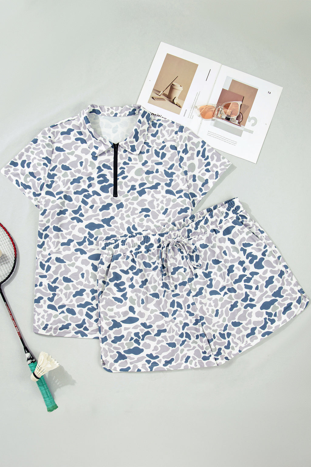 Multicolor Zip up Tee and Short Plus Size Camo Set