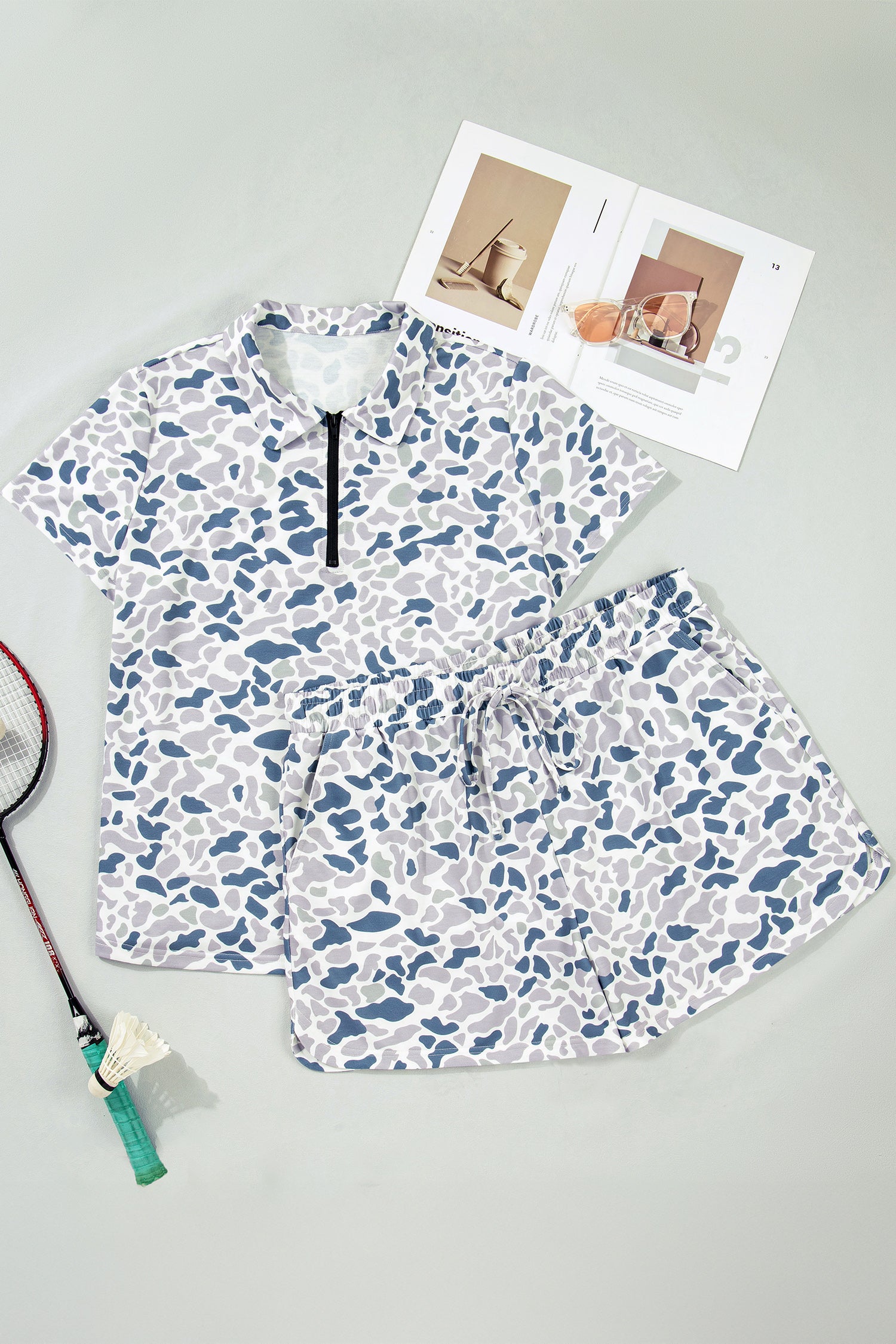 Multicolor Zip up Tee and Short Plus Size Camo Set
