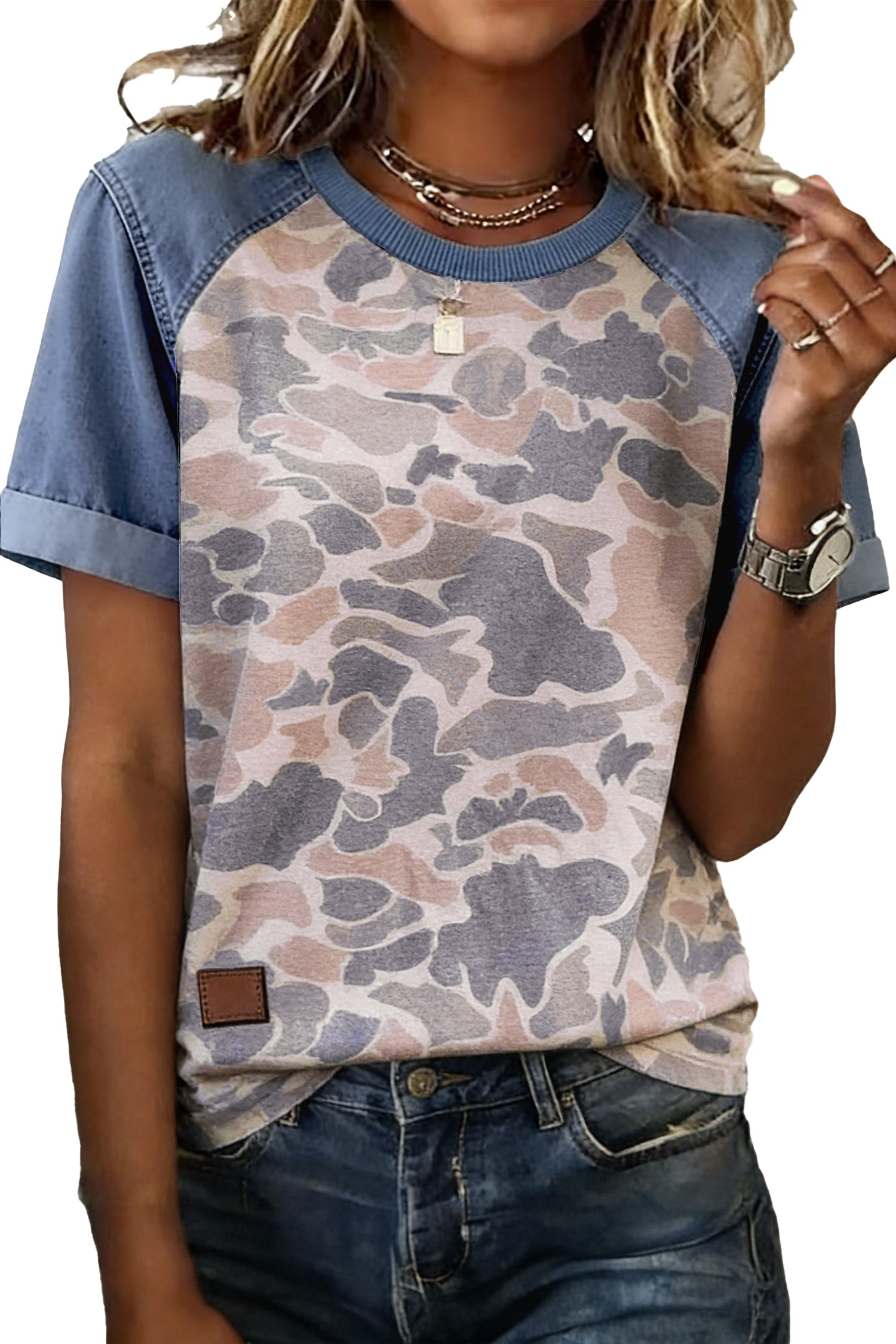 Multicolor Camouflage Print Denim Color Block Sleeve Casual Tee