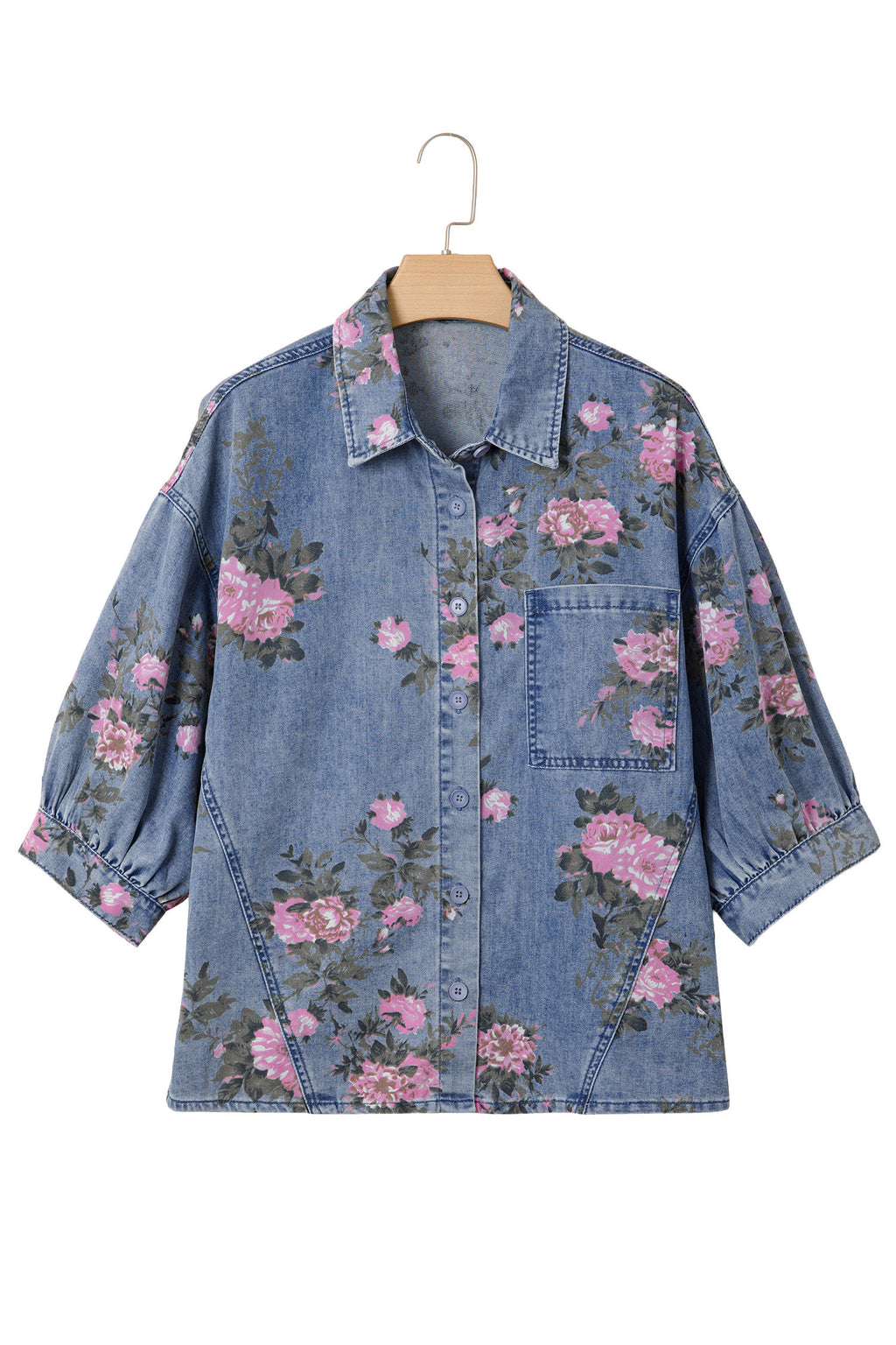 Blue Bracelet Sleeve Floral Denim Shirt