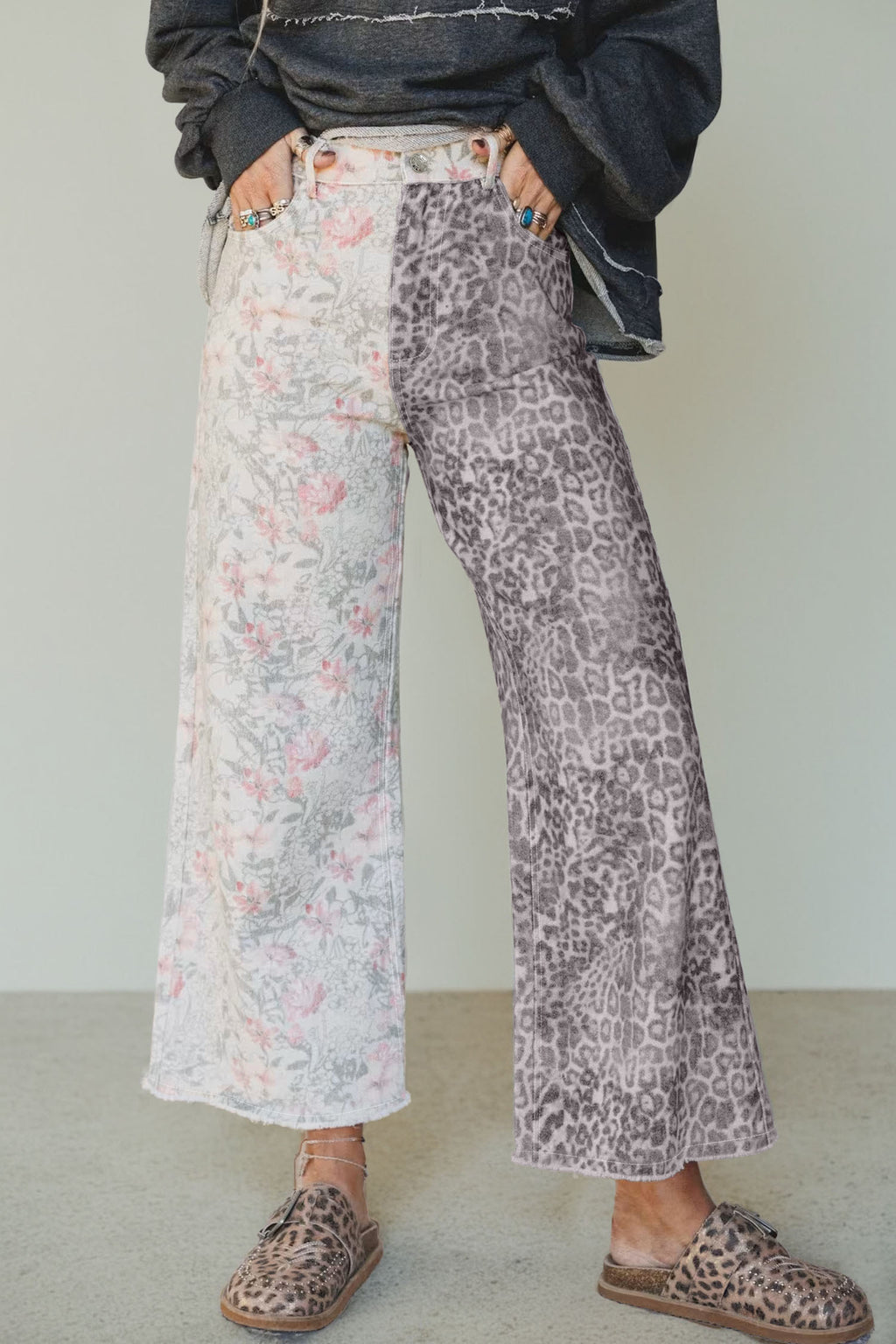 Multicolor Retro Floral Leopard Contrast Patchwork Raw Hem Jeans