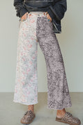 Multicolor Retro Floral Leopard Contrast Patchwork Raw Hem Jeans