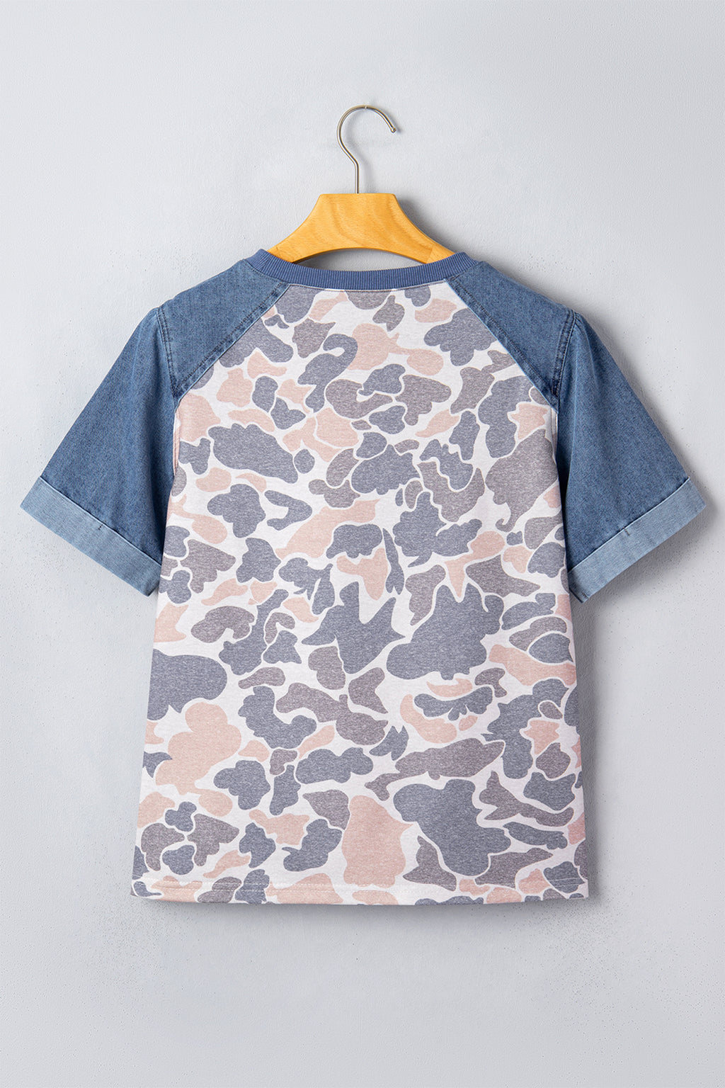 Multicolor Camouflage Print Denim Color Block Sleeve Casual Tee
