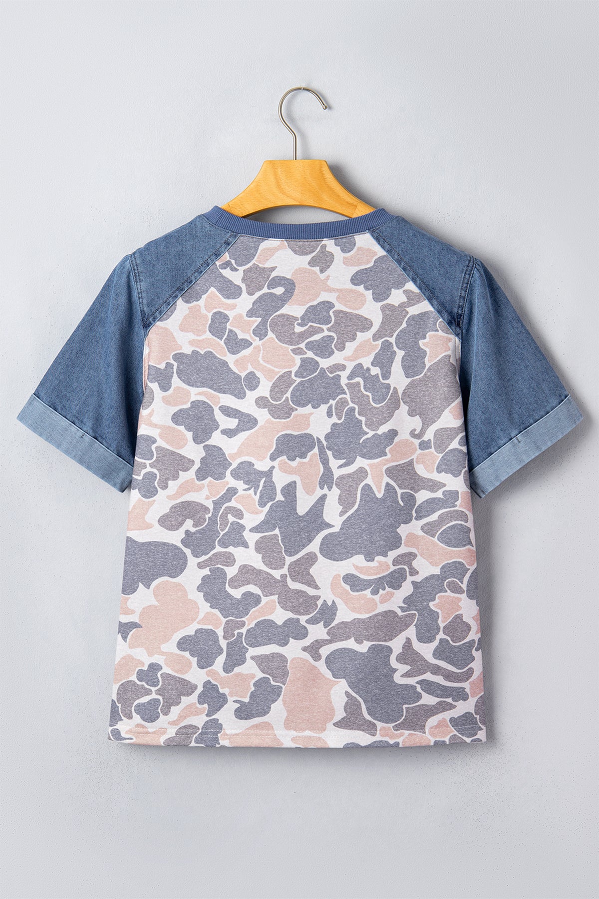 Multicolor Camouflage Print Denim Color Block Sleeve Casual Tee