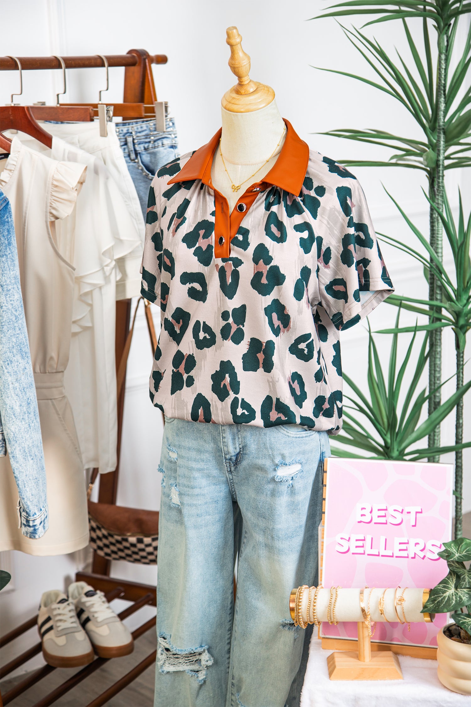 Casual Unique Leopard Print Button Contrast Collared Short Sleeve Blouse