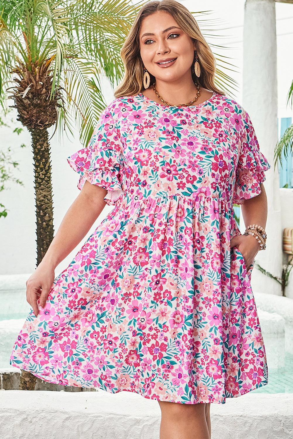 Plus Size Floral Print Frilled Short Sleeve Flare Dress
