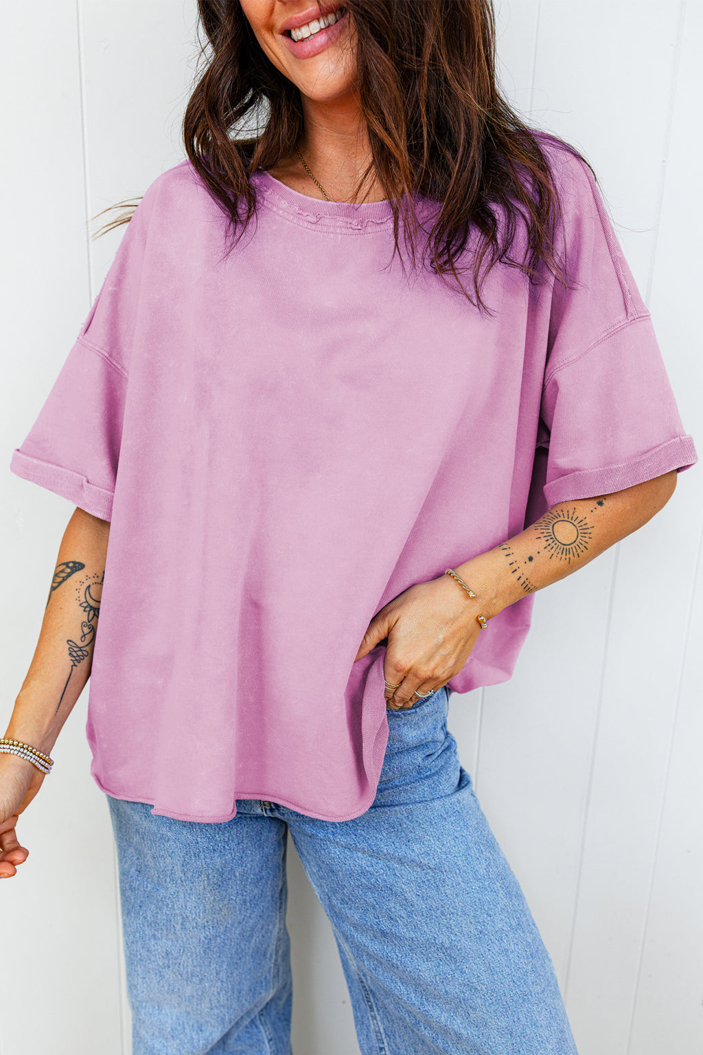 Lavender Mineral Wash Drop Shoulder Raw Edge Loose Tee