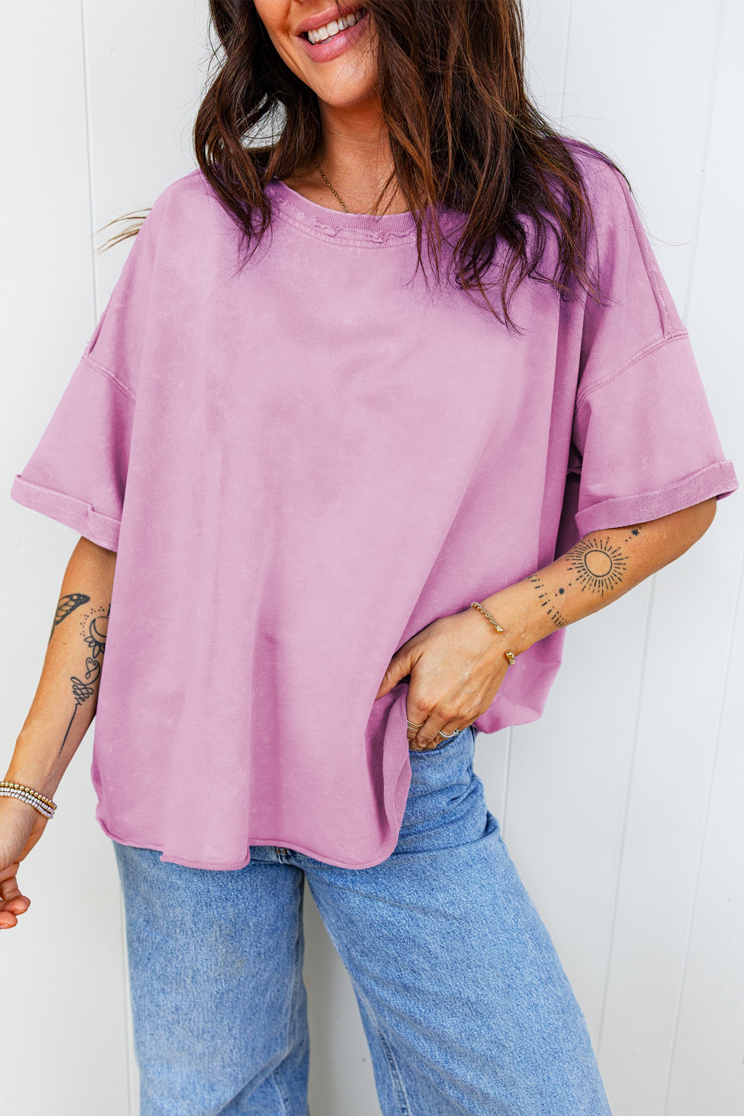 Lavender Mineral Wash Drop Shoulder Raw Edge Loose Tee
