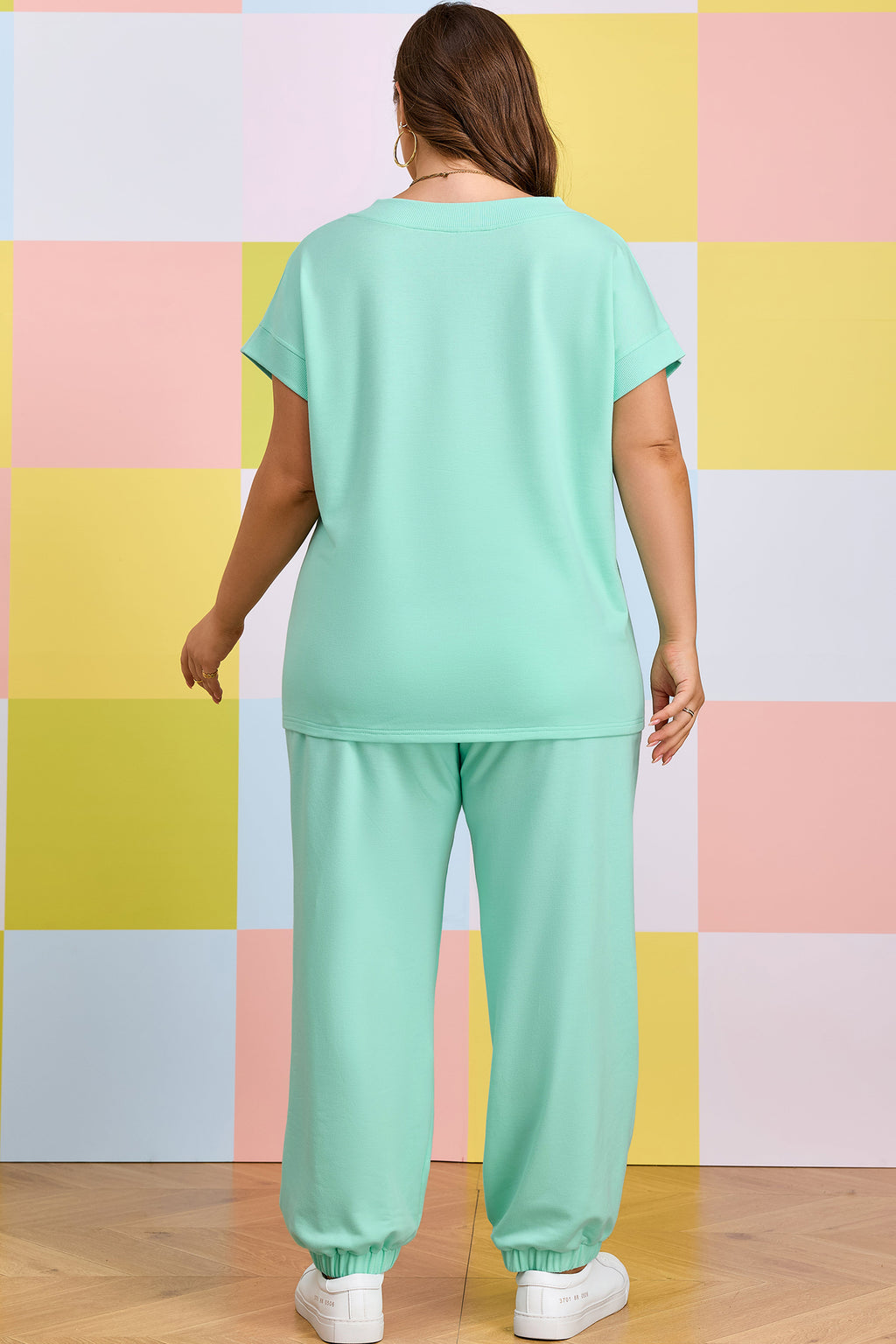 Mint Green Solid V-Neck Tee and Drawstring Plus Size Pants Set