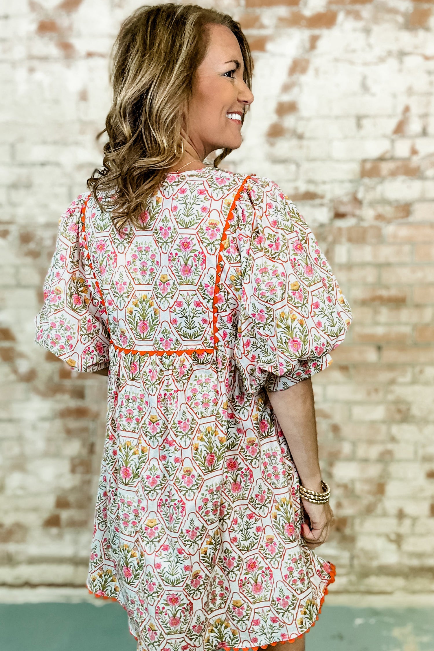 Pink Floral Print Tassel Tie V Neck Scalloped Detail Loose Mini Dress