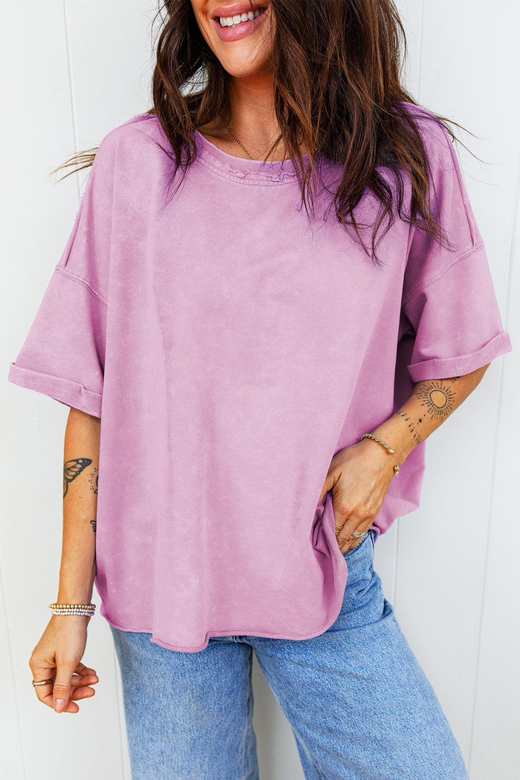 Lavender Mineral Wash Drop Shoulder Raw Edge Loose Tee