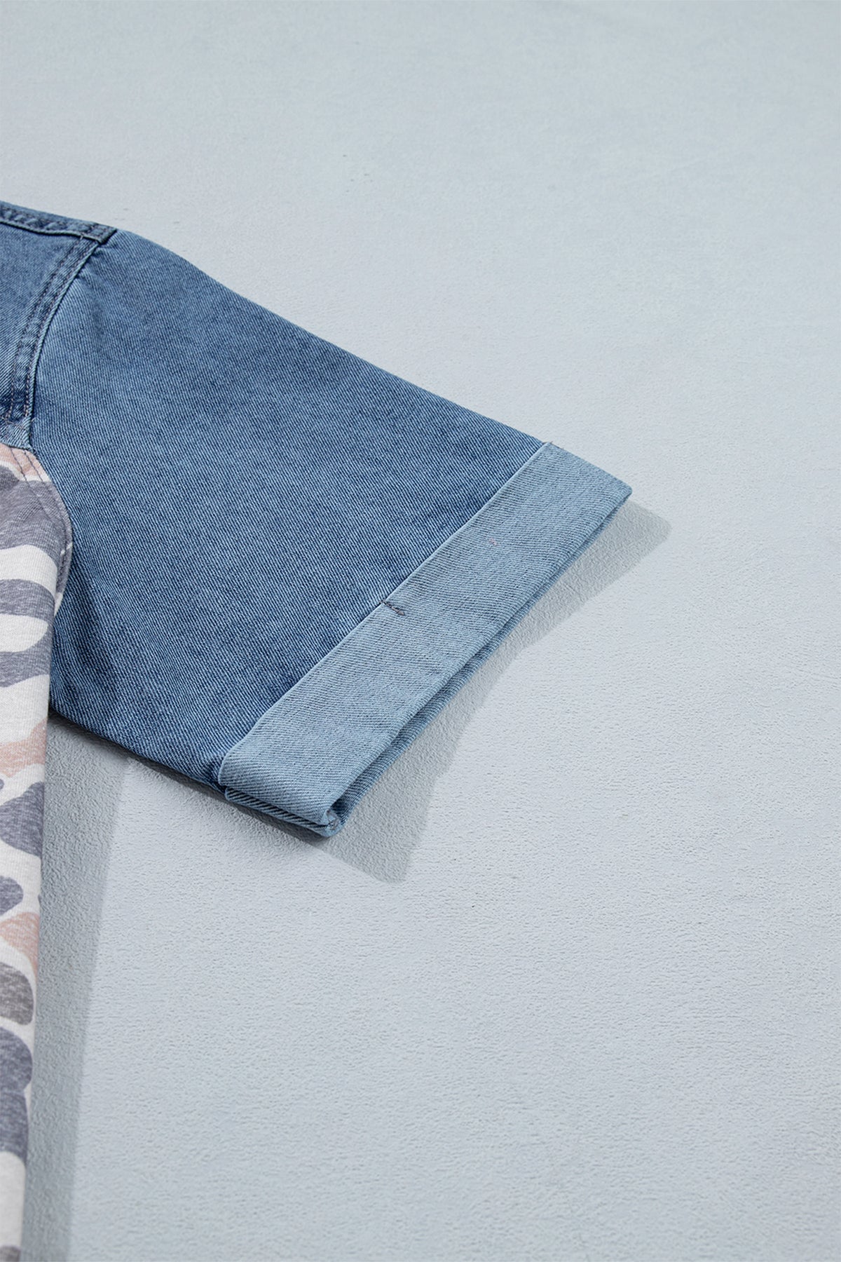 Multicolor Camouflage Print Denim Color Block Sleeve Casual Tee