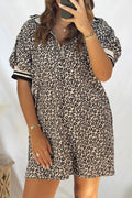 Khaki Leopard Print Zip Neck Striped Webbing Patchwork T Shirt Mini Dress