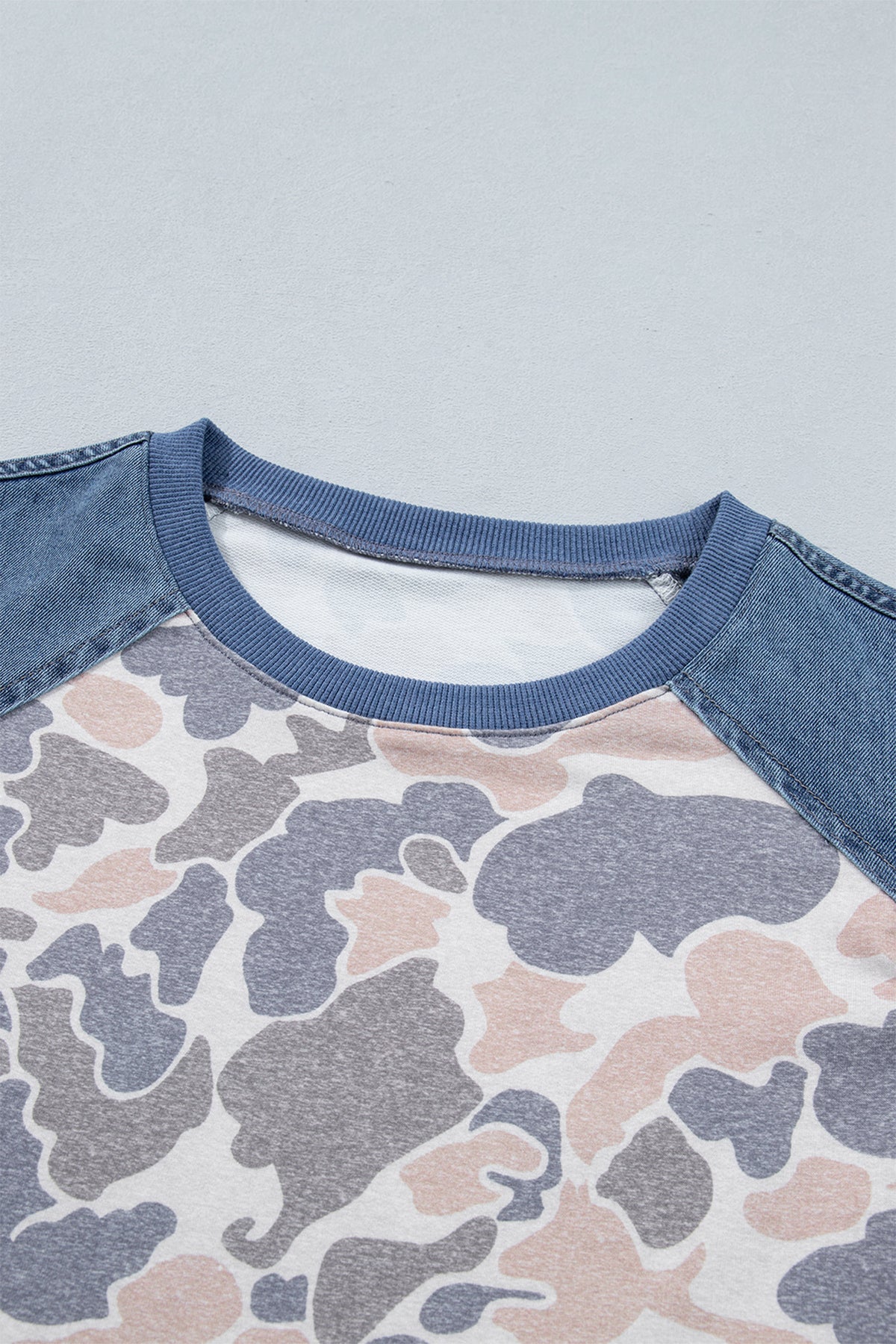 Multicolor Camouflage Print Denim Color Block Sleeve Casual Tee