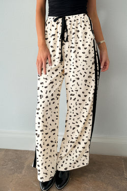 Beige Leopard Print Side Stripe Detail Loose Drawstring Pants