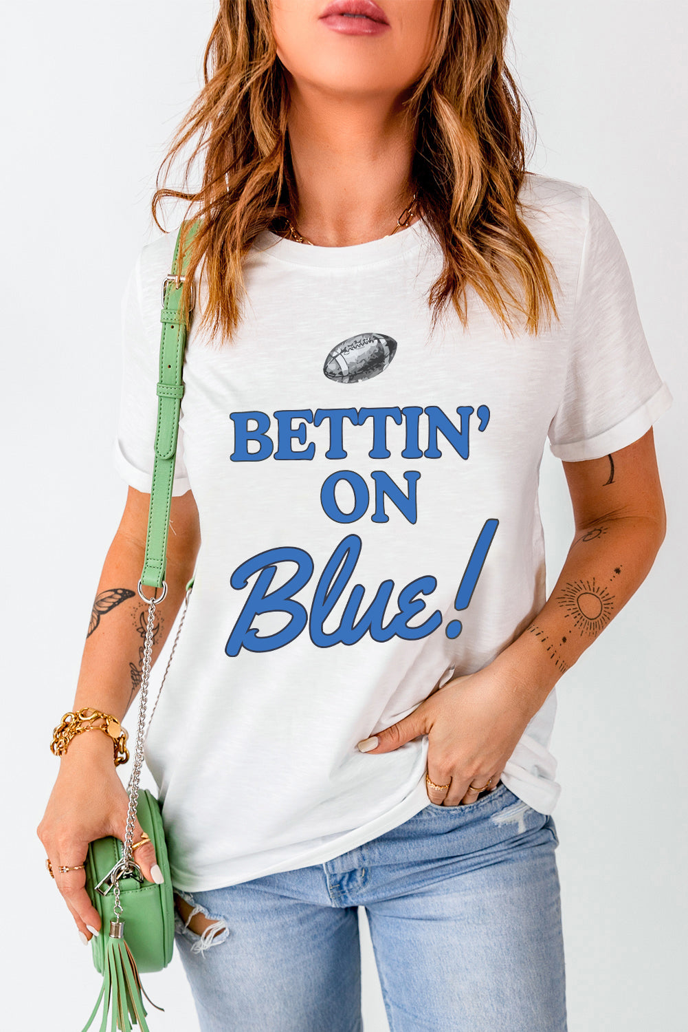 White Football BETTIN ON BLUE Graphic Crewneck T Shirt