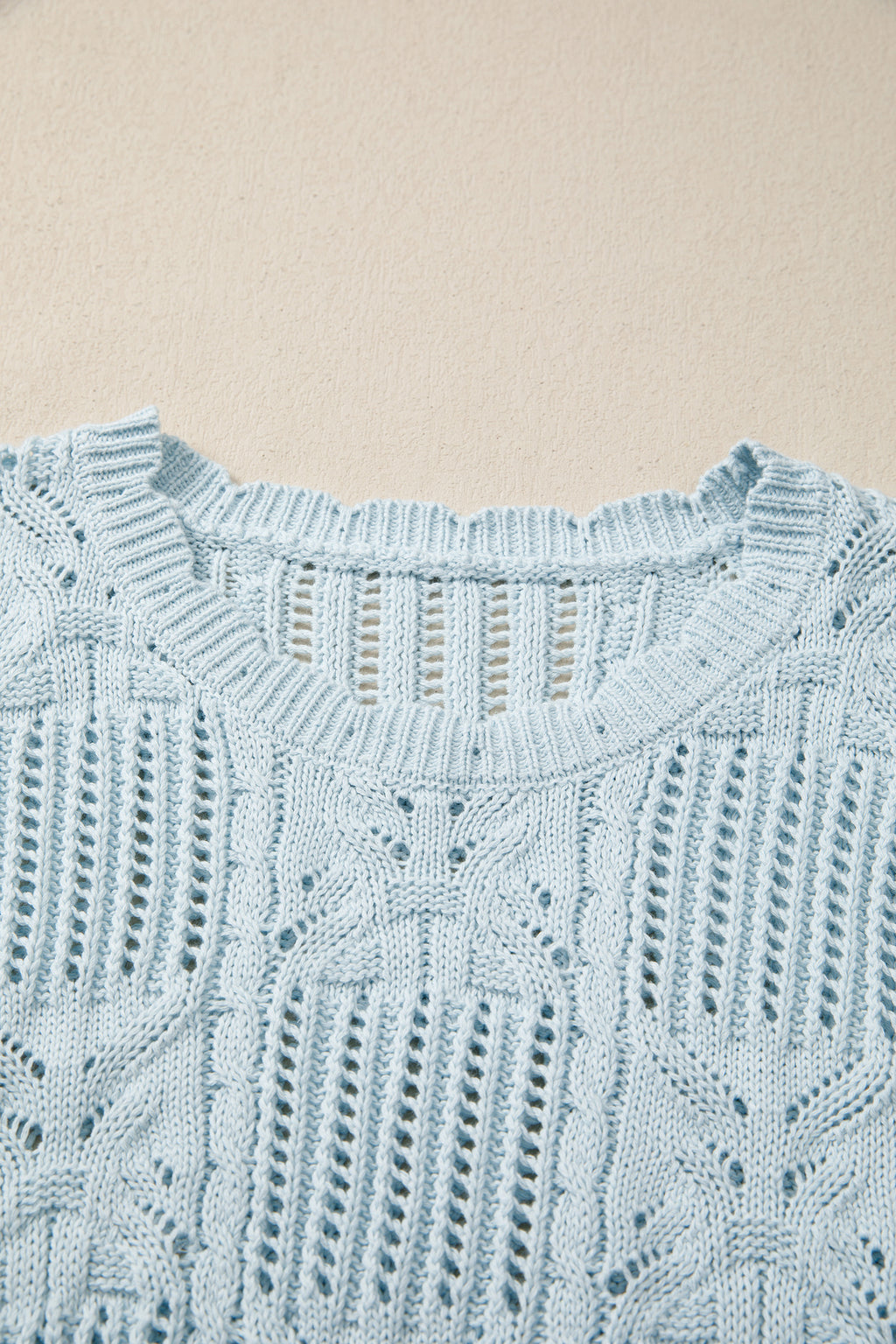 Beau Blue Pointelle Knit Patterned Scalloped Trim Short Sleeve Sweater