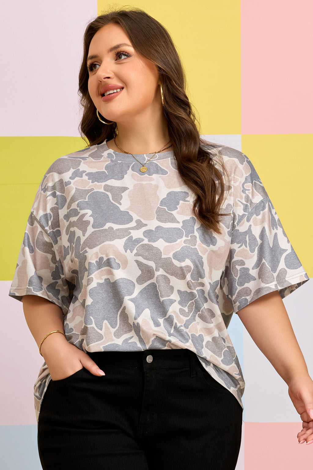 Multicolor Retro Camouflage Print Plus Size T Shirt