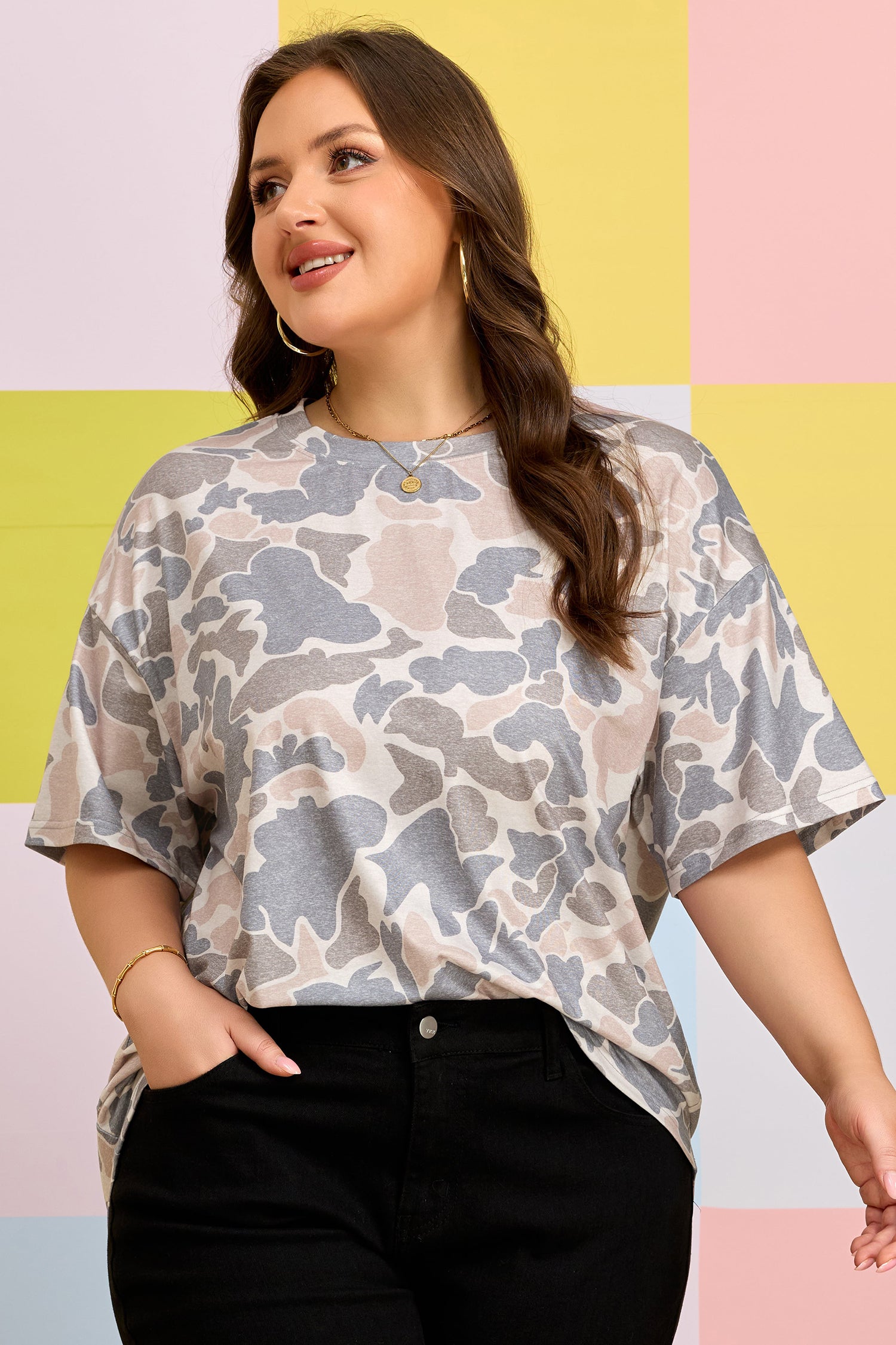 Multicolor Retro Camouflage Print Plus Size T Shirt
